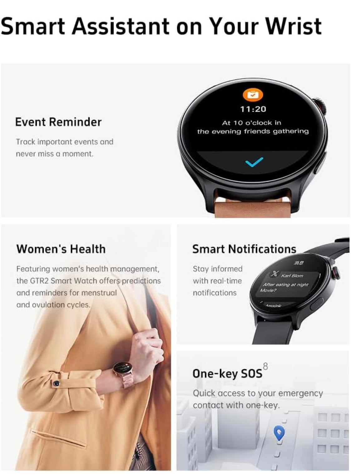 GTR2 - Women’s & Men’s Flagship Smartwatch for Android & IOS – 2” HD Full Touch Screen – Built-in Bluetooth, GPS & Alexa Technology – IP67 Waterproof – Health & Fitness Tracker: 100 Sport Modes, BLACK